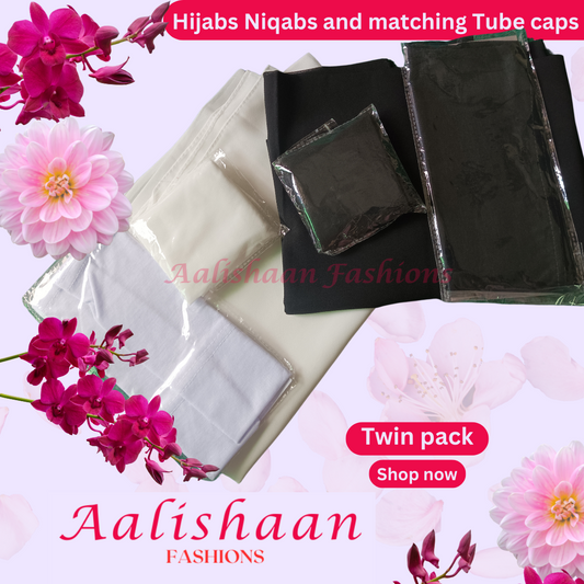 Black and White Twin Pack - Premium Georgette Hijab with Niqab and matching Cap - 10 - Rabi Ul Awal Mubarak